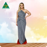 Cardboard standee of a woman in a silver evening gown with 'Australian Made' logo on a colorful background.
